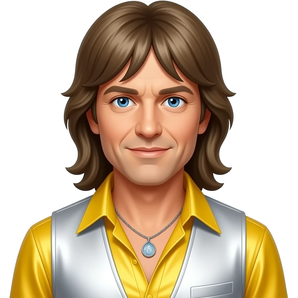 Björn Ulvaeus from ABBA with blue eyes, long dark blonde hair, yellow metallic open shirt, white metallic vest, necklace emoji