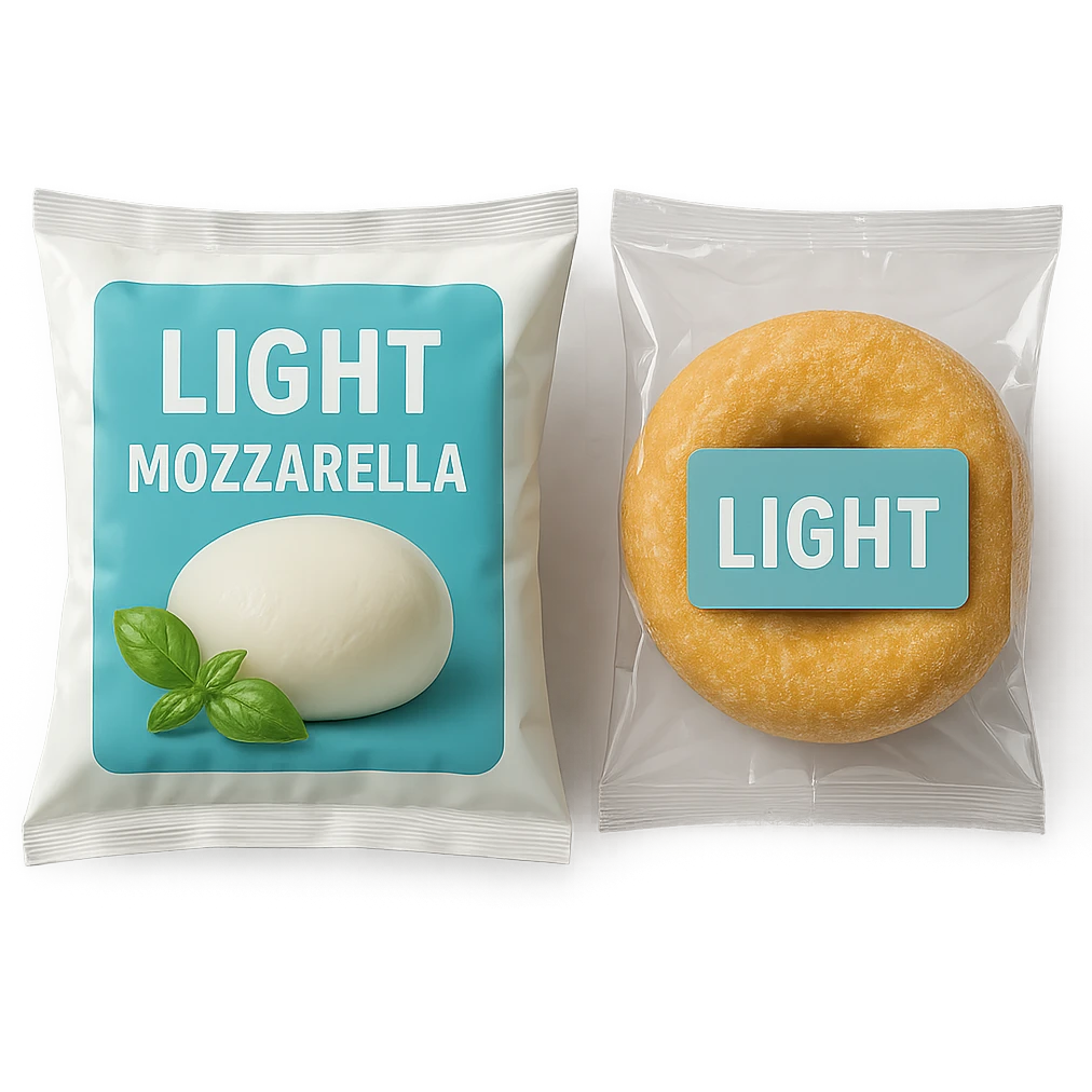 PACCHTTO DI MOZZARELLA LIGHT CON LA SCRITTA "LIGHT" SULLA CONFEZIONE, ACCANTO AD UN DONUT CONFEZIONATO CON LA SCRITTA "LIGHT" SULL'ETICHETTA,  iperrealistico 4k emoji