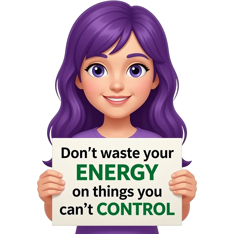 girl with long purple hair holding a Don't waste your ENERGY on things you can't CONTROL sign emoji