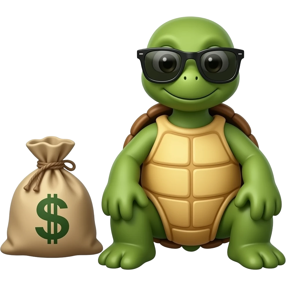 A turtle with sunglasses sitting on grounf next to a bag of money emoji