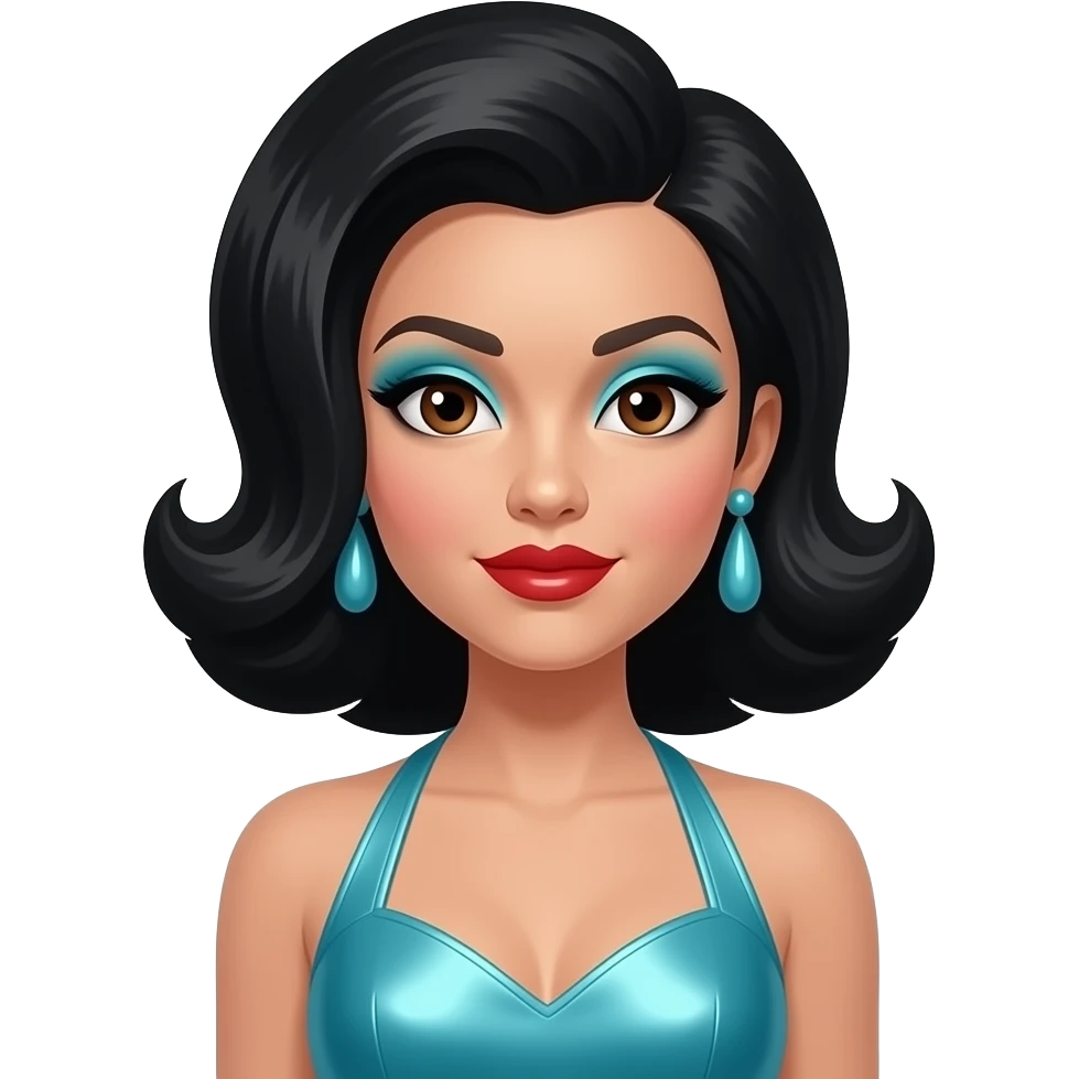 Cher, Singer with brown eyes, long black 60s beehive hair, cyan eyeshadow, red lipstick, cyan metallic halter dress, cyan earrings emoji