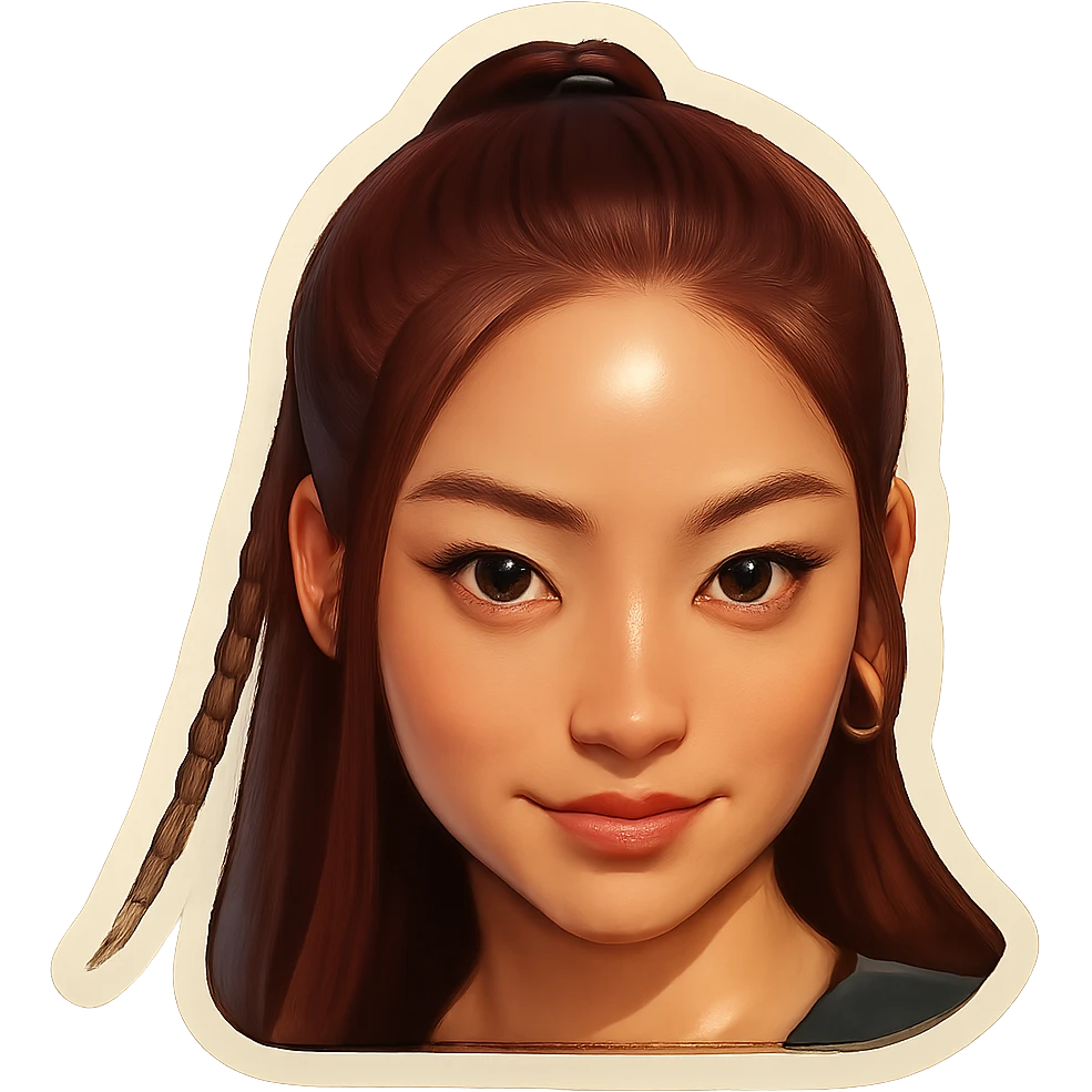 Create an emoji style face that very closely resembles the girl in the reference image, matching her facial features, hairstyle, and expression as accurately as possible. Focus on making the emoji look like her, with a cute but slightly mysterious or intense vibe. emoji