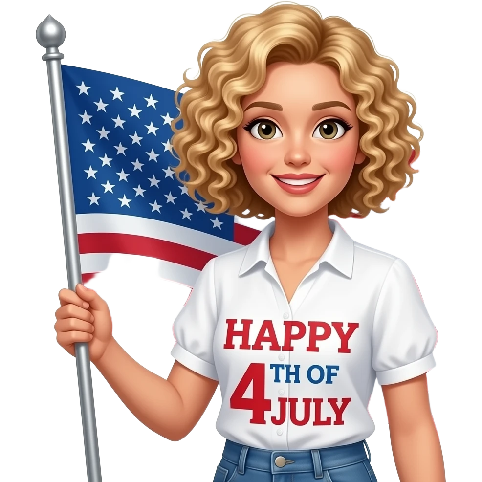 blonde tight curly hair in a short bob with a Happy 4 of July banner in red writing and a white short sleeve art blouse and a huge flag emoji
