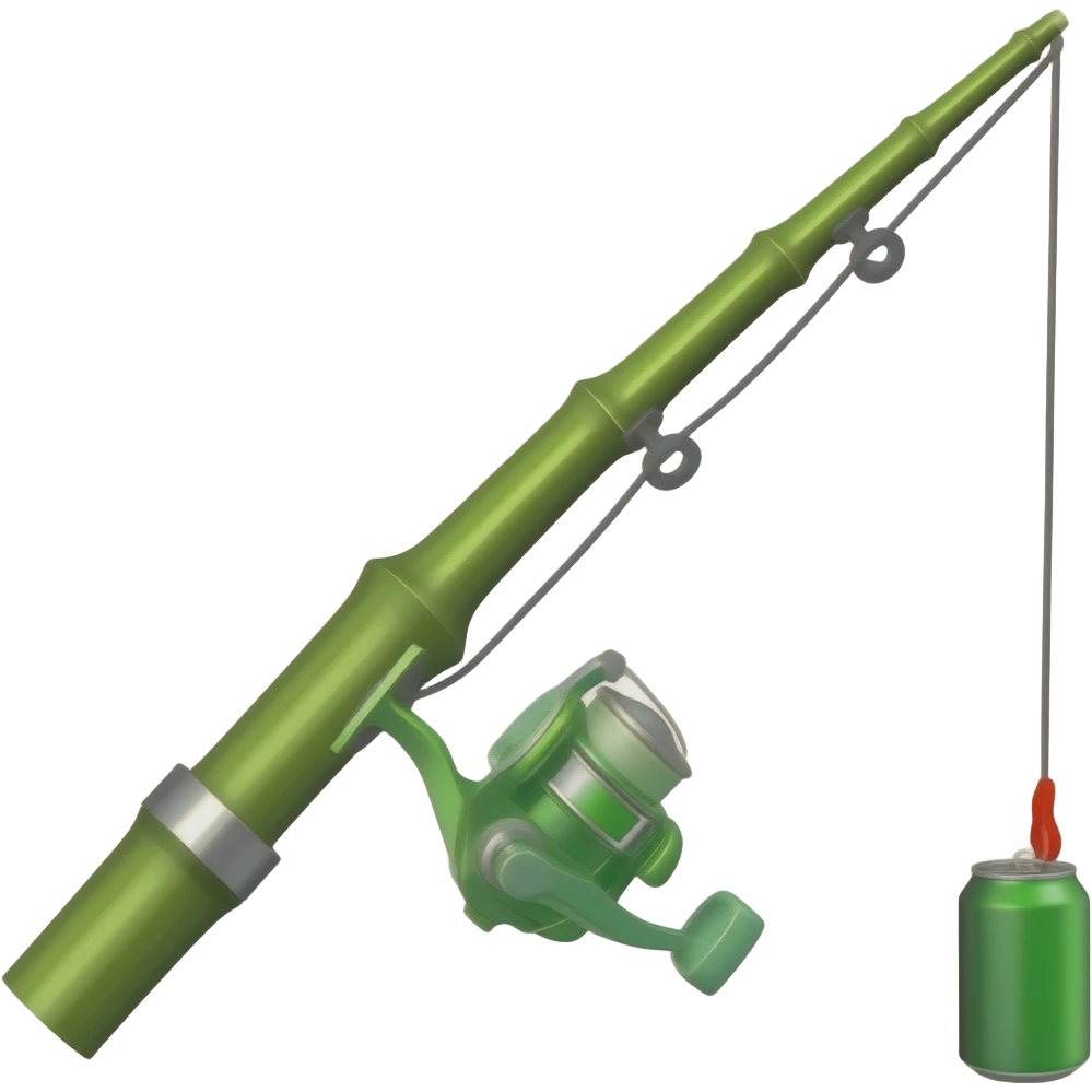 a fishing pole made out of green bamboo with a green pop can as the reel emoji