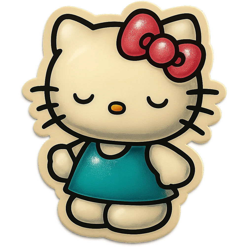 hello kitty sticker style, white head, pink bow, sleepy expression, teal dress emoji