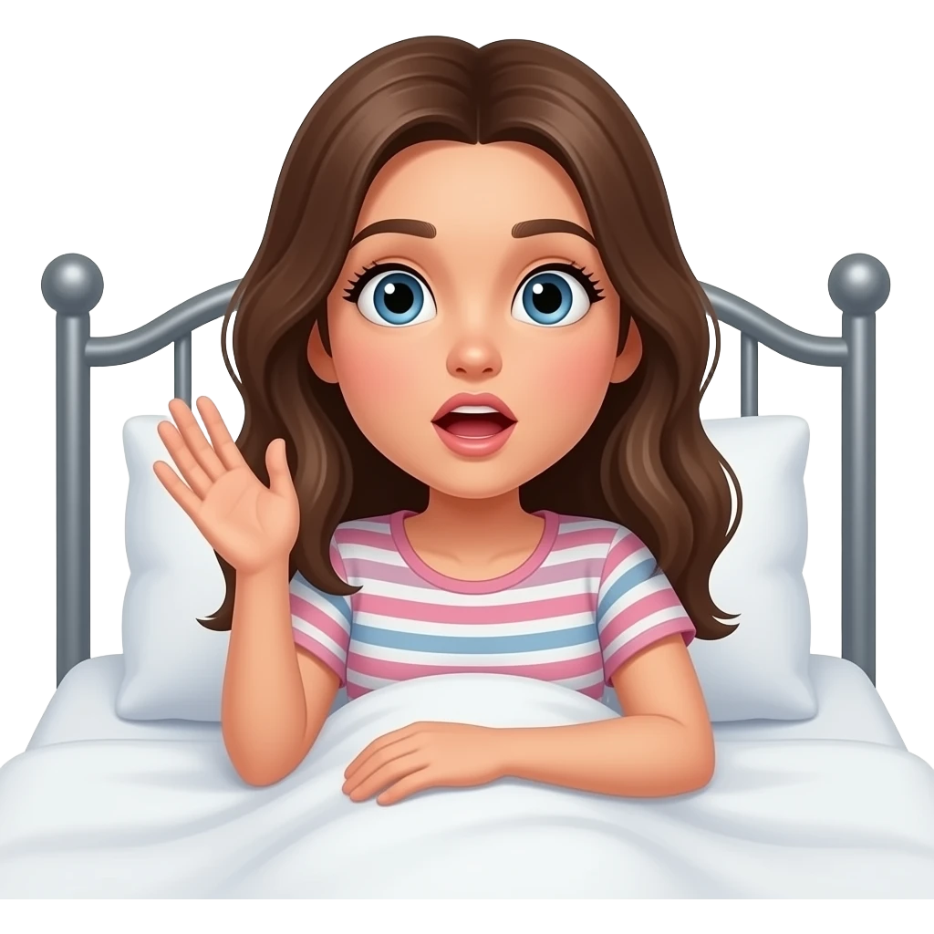 침대에 누워서 특별한 생각이 유레카하며 떠오른 느낌의 캐주얼한 스타일의 귀여운 20대 여성 이모지 emoji