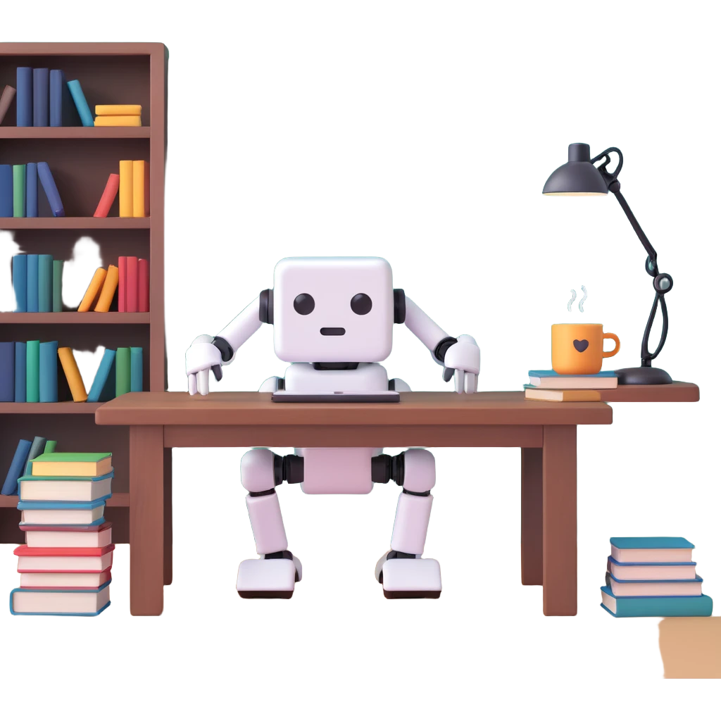 Cute desk companion bot — small cube-shaped AI assistant with articulated arms, sitting on a desk with books and coffee. emoji