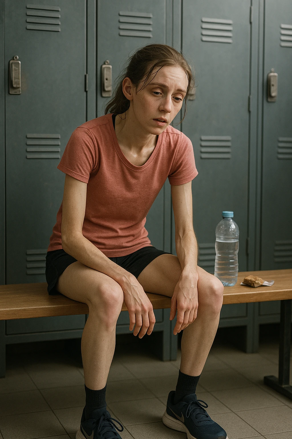 3D rendered scene: a woman in her 20s wearing running clothes sits on a bench in a locker room, looking exhausted and weak. Her face shows signs of fatigue, and her limbs appear thin and lacking muscle tone. A water bottle and a small, half-eaten snack are beside her, hinting at insufficient nutrition. The environment is realistic, with a focus on her physical and emotional state. emoji