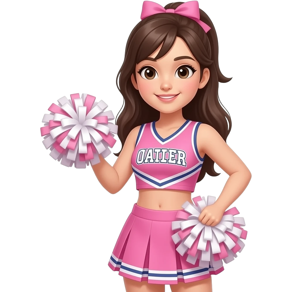 girl with wide shoulders and body wear pink and cheerleader outfit and poom poom in hands with face close up show girl half body close up emoji