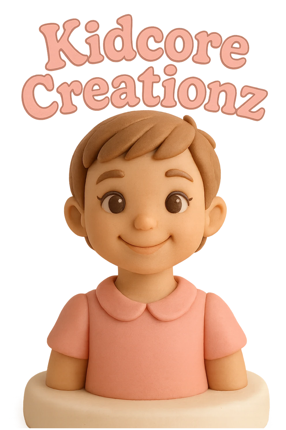 Lightskin girl with a pixie cut
pink blouse
brown eyes
expression is smiling
Add the word Kidcore Creationz in Pink emoji