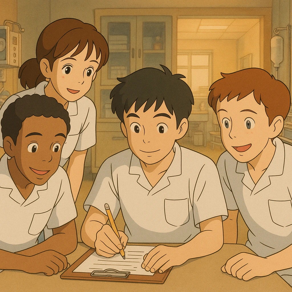 Scene of four students (features from references), working together in a medical environment, Ghibli style, white short-sleeve uniforms with V-neck, left chest pocket, no collar stand, no stethoscopes, no undershirts, friendly atmosphere. emoji