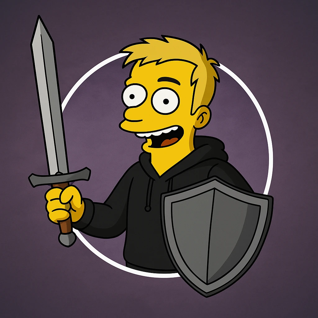 Regenerate the image keeping the same angle, facial expression, clothing, size ratio and shapes, but replace the computer, keyboard, and headset with a medieval sword and shield. Maintain the original style and color scheme as in the reference image. emoji