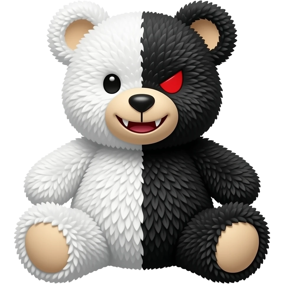 Um Ursinho de pelúcia que tem vida com metade branco é preto branco é normal mas o preto tem um sorriso maligno é olho do formato de / vermelho emoji