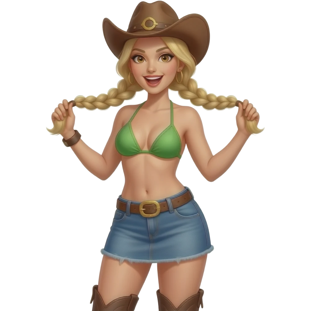 Sexy Cowgirl in green bikini top, short denim skirt with slim face, open mouth, brown eyes and blonde hair with tight pigtail braids and knee high boots emoji