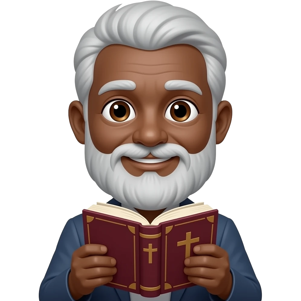wise old man with grey hair slight smile brown eyes white beard black skin with burgundy book that has a cross on it no circle emoji