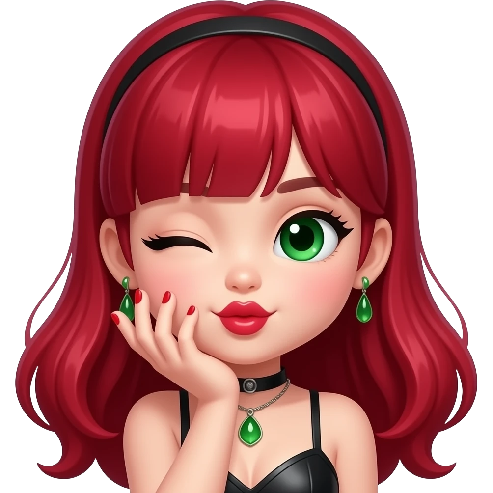 A chibi girl with ruby red hair. Green eyes. Winking. ruby red lips. hand to lips blowing kiss. Senual outfit emoji