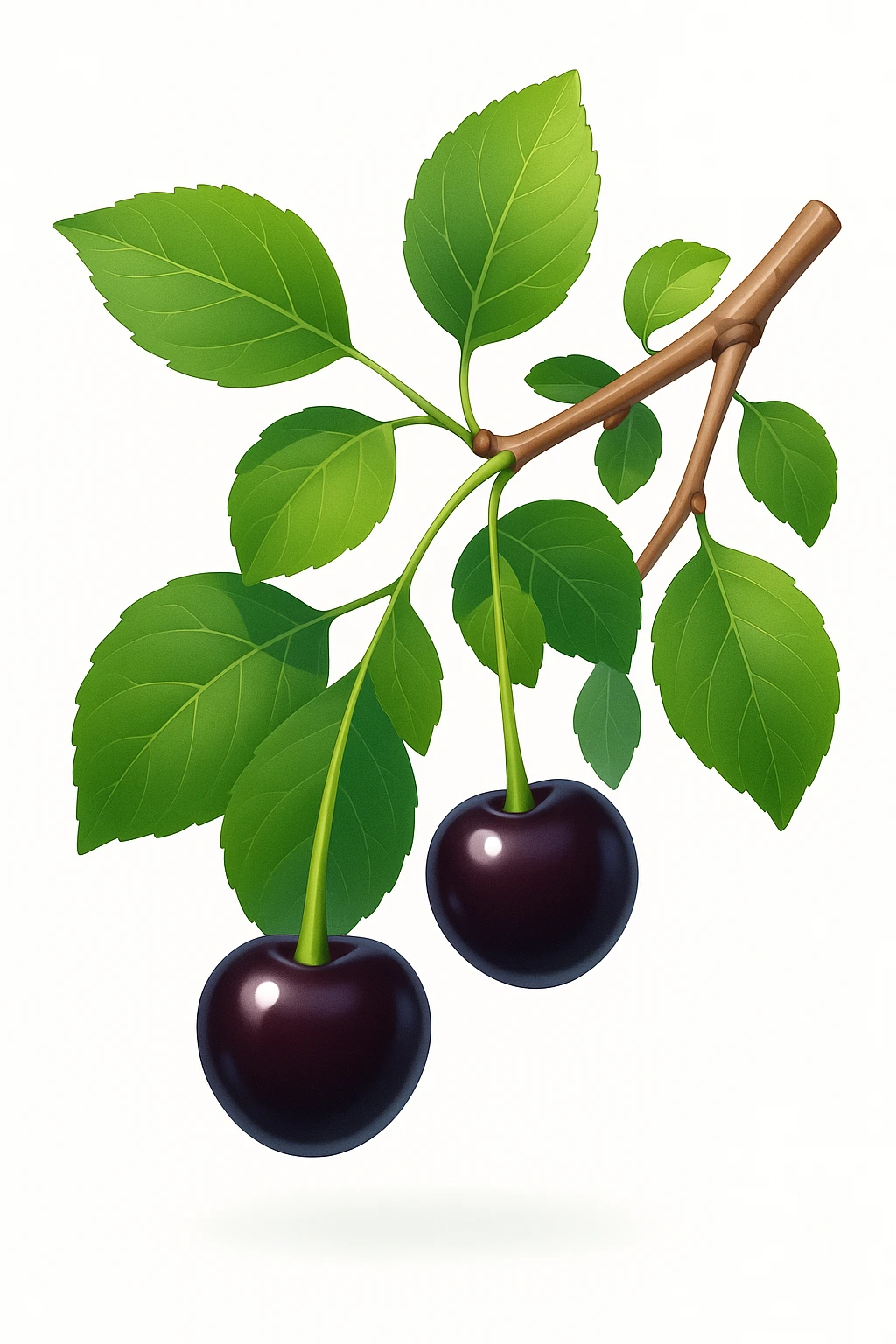 Redraw the cherry branch with black berries and green leaves in a modern 3D iOS style, adding volume, expressive light and shadow, and a clean background. emoji