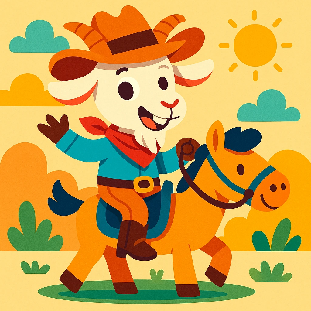 a goat in cowboy attire, riding a tiny horse, humorous and cute, vibrant colors emoji