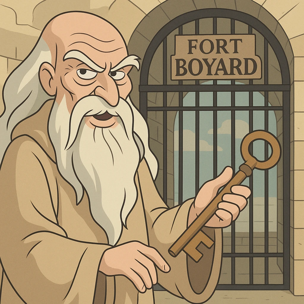 Père Fouras holding a large key in front of the Fort Boyard gate, flat toon style, whimsical, detailed beard, mysterious atmosphere emoji