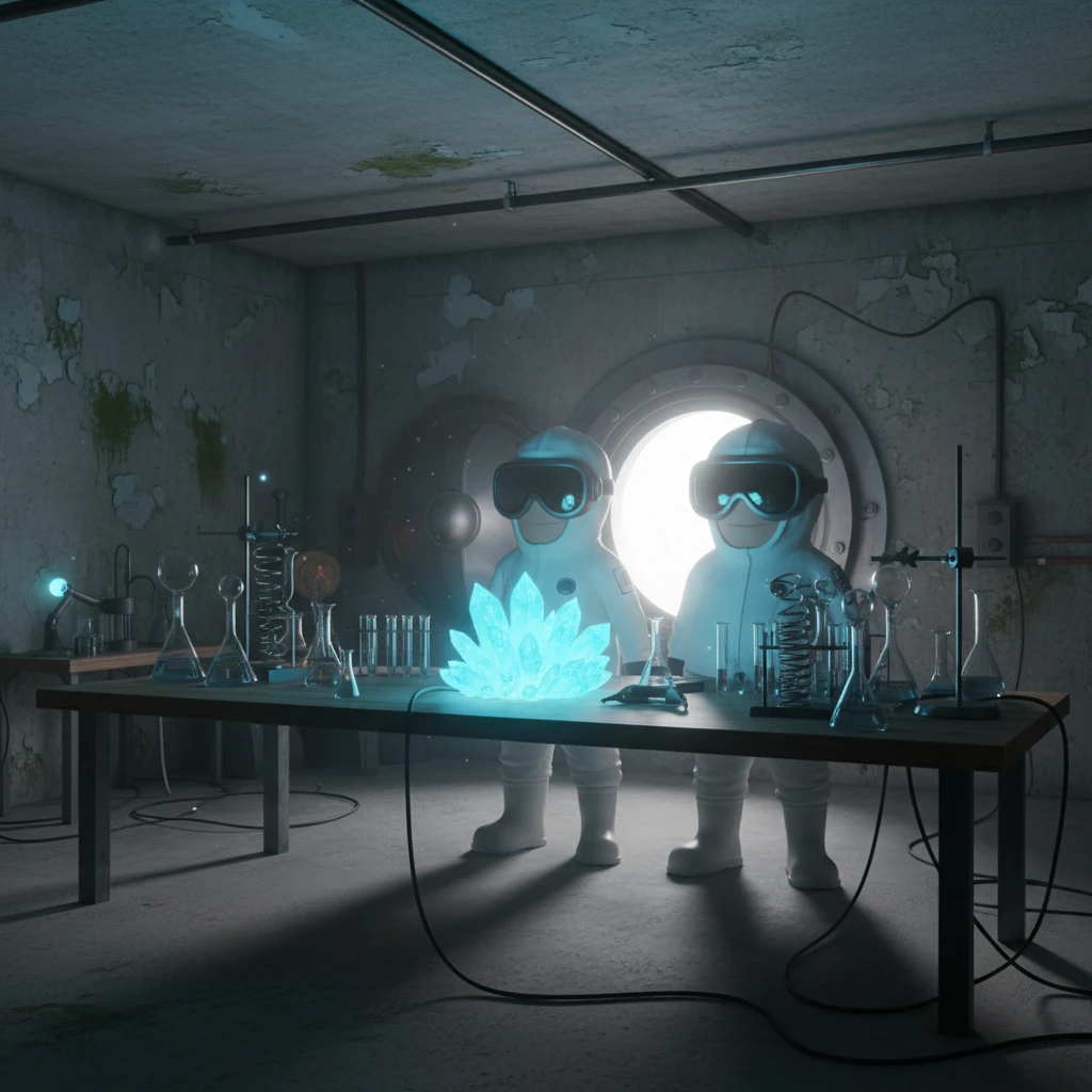 3D cienmatic cartoon shot, spongebob and patric dress in safety glasses and safe white outfit, the are standing front of table with blue crystals on table glowing (light source) science room in basement, back light, Cinema 4d render, proffesional lightning emoji