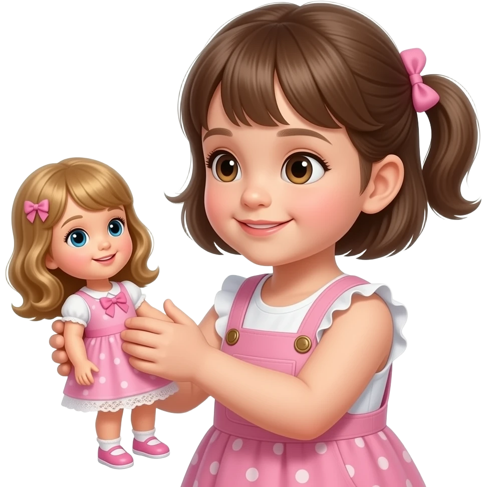 a toddler girl playing with a doll, realistic emoji