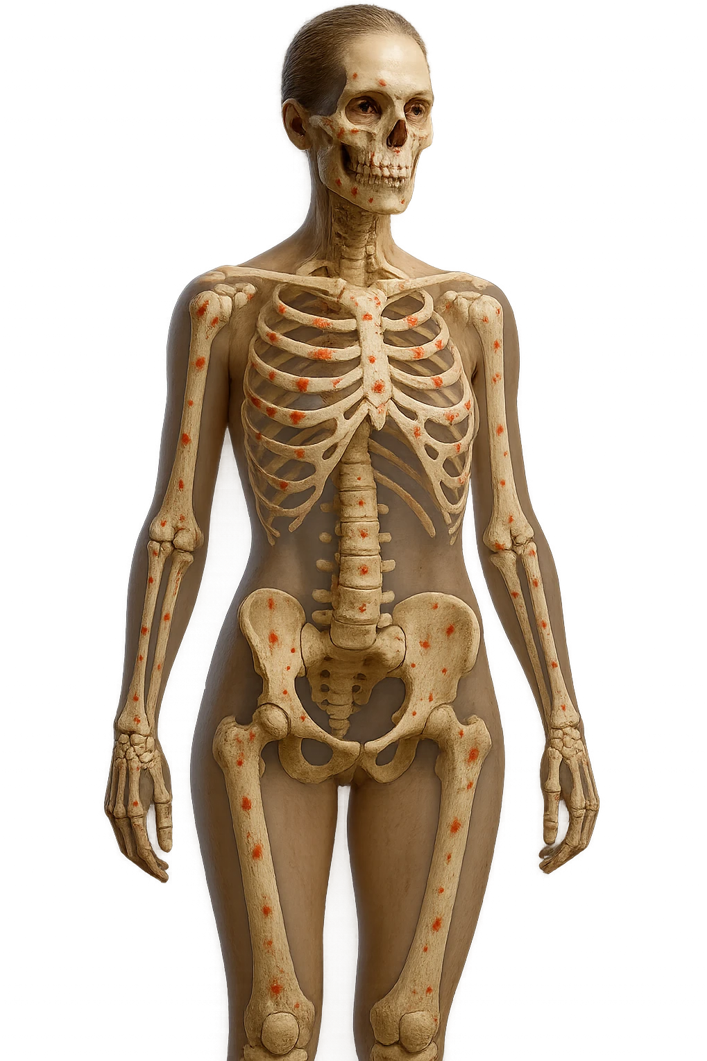 corpo umano anatomico di una donna affetta da fibromialgia, red spot sparsi sulle sue ossa, iperrealistica 4k emoji