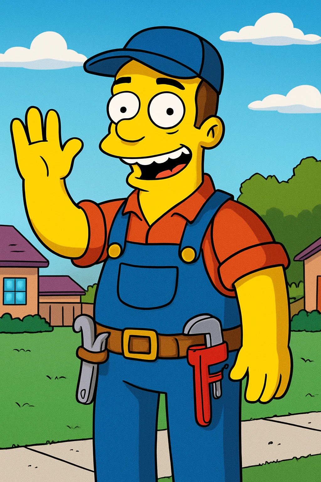 cheerful plumber in Simpsons style, yellow skin, blue overalls, tool belt, waving, cartoon background emoji