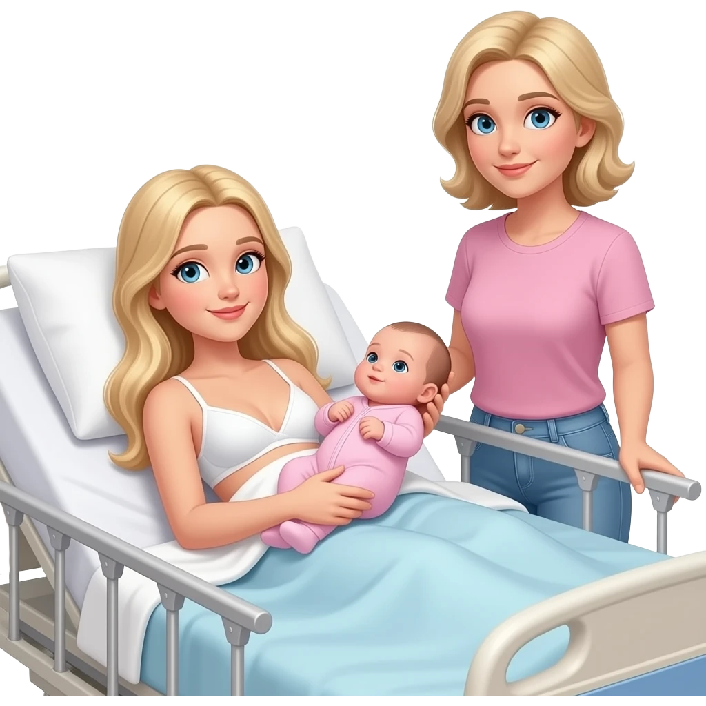 in hospital bed in blanket 17 year old Woman with long blonde hair, and light blue eyes, wearing white bra and light blue baggy jeans with skinny body, holding newborn girl wearing pink onesies, with 38 year old mom with blonde hair and blue eyes standing beside bed emoji