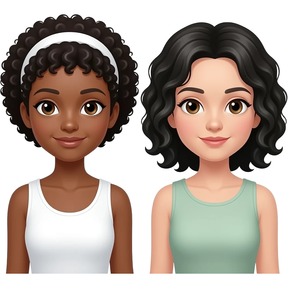 Duas amigas, uma morena com o cabelo crespo curto e uma faixa branca, outra com branca com cabelo cacheado preto médio emoji