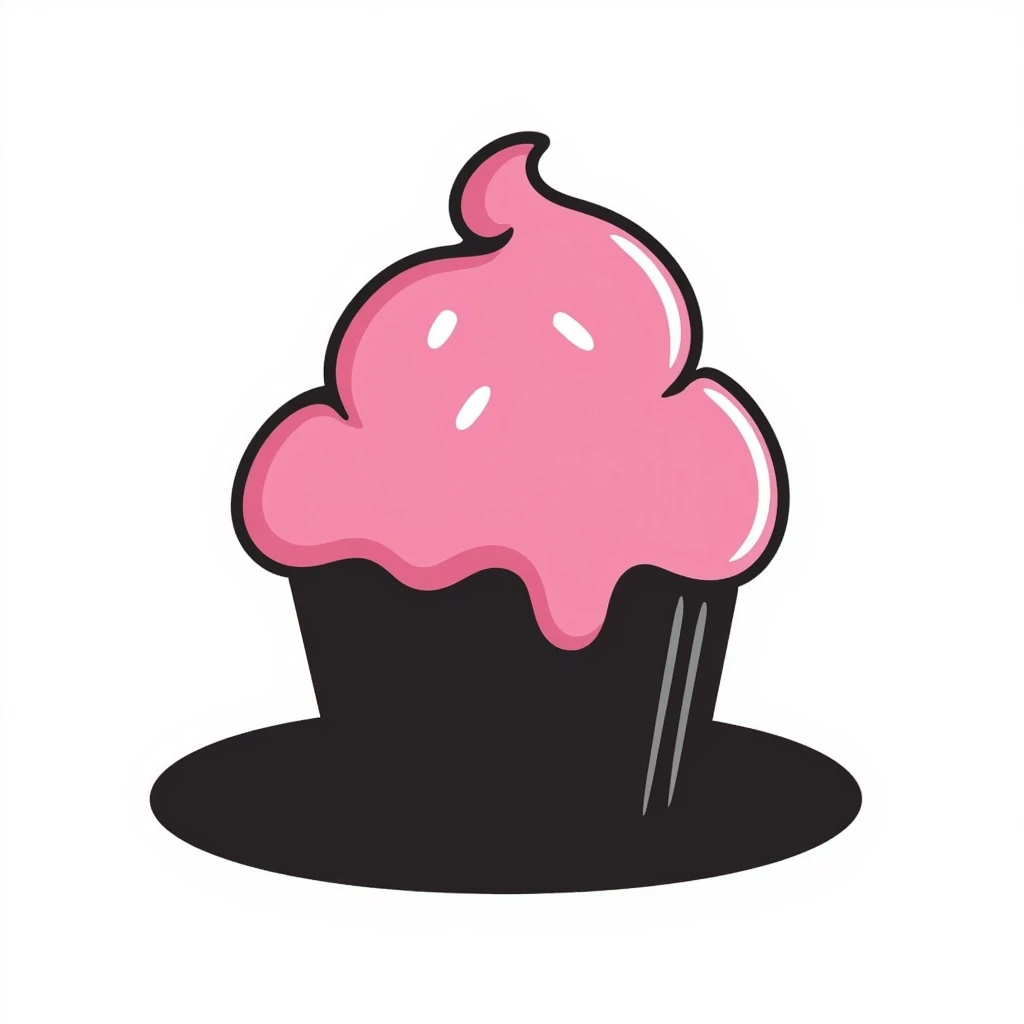 cupcake with pink icing, hand-drawn doodle, playful, black outlines emoji