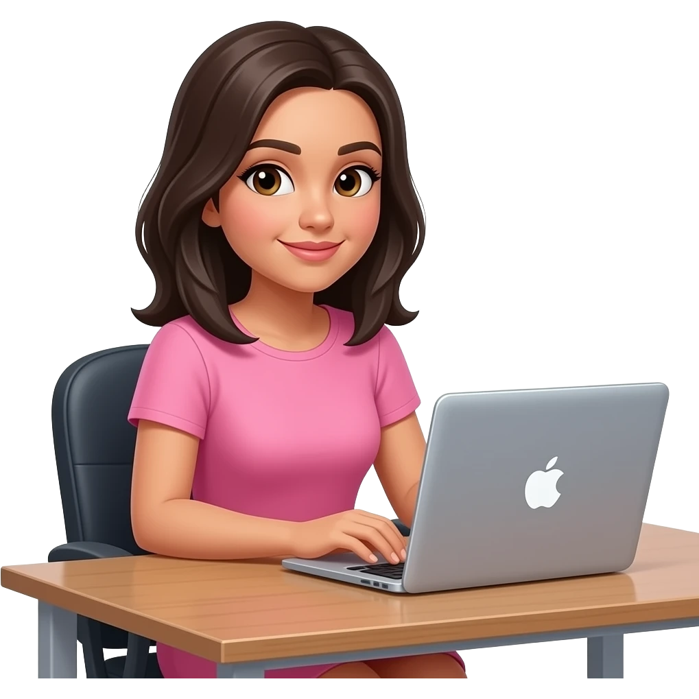 Girl Latina with dark hair no bangs, wearing a pink dress, sitting in a office table and using MacBook emoji