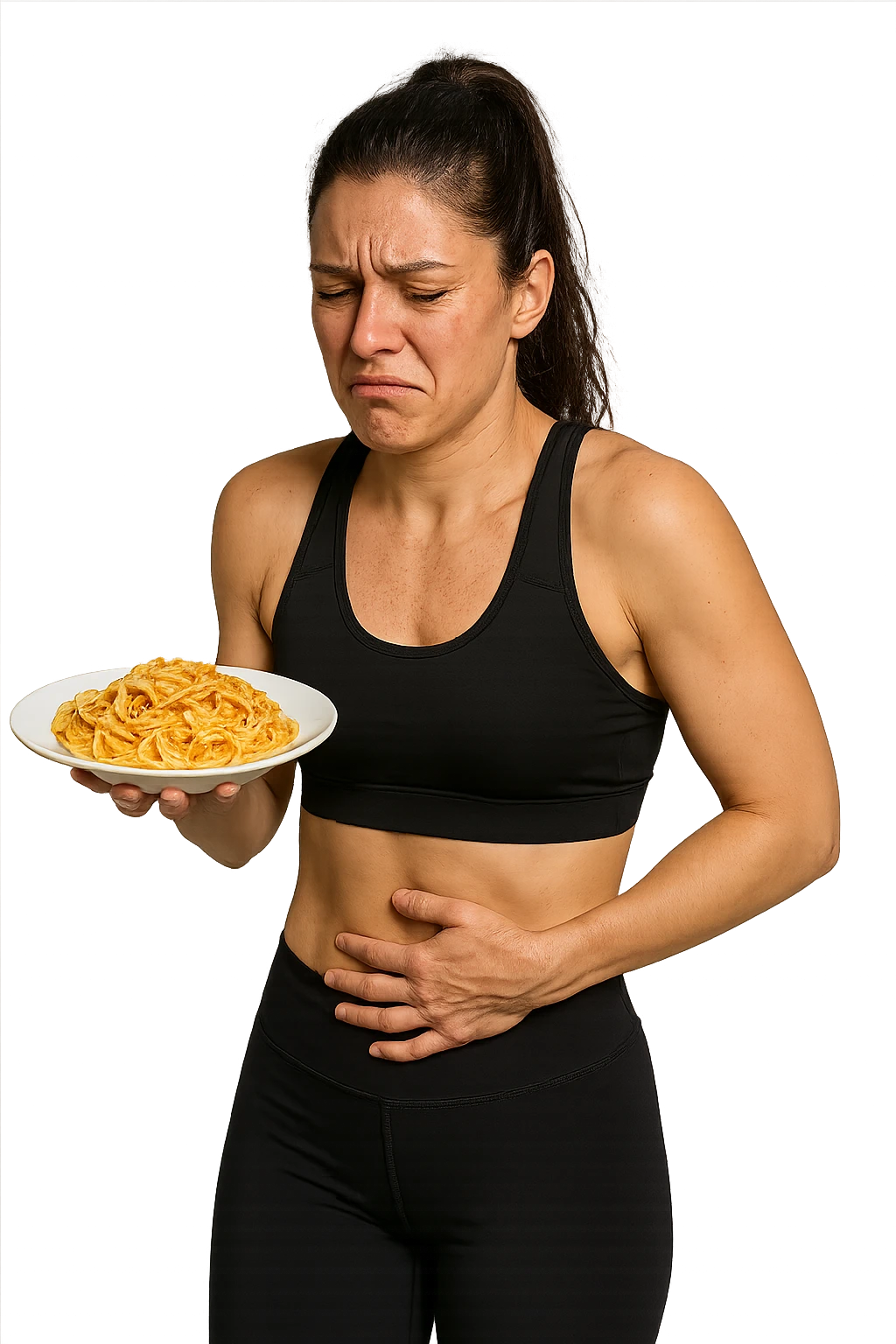 DONNA FITNESS CON PIATTO DI PASTA IN MANO E MAL DI PANCIA, FA FATICA A DIGERIRE emoji