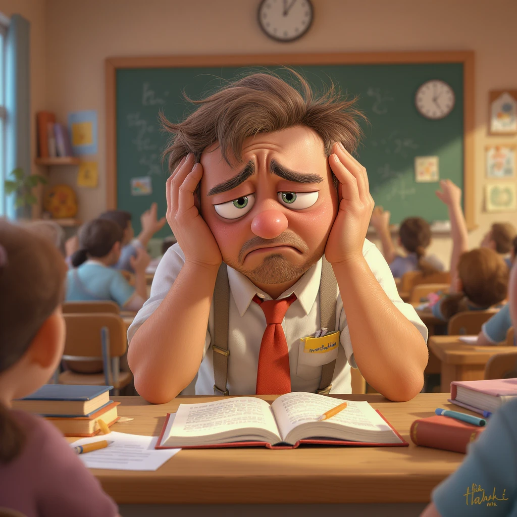 3d cartoon art of a exhausted teacher in a bustling classroom emoji