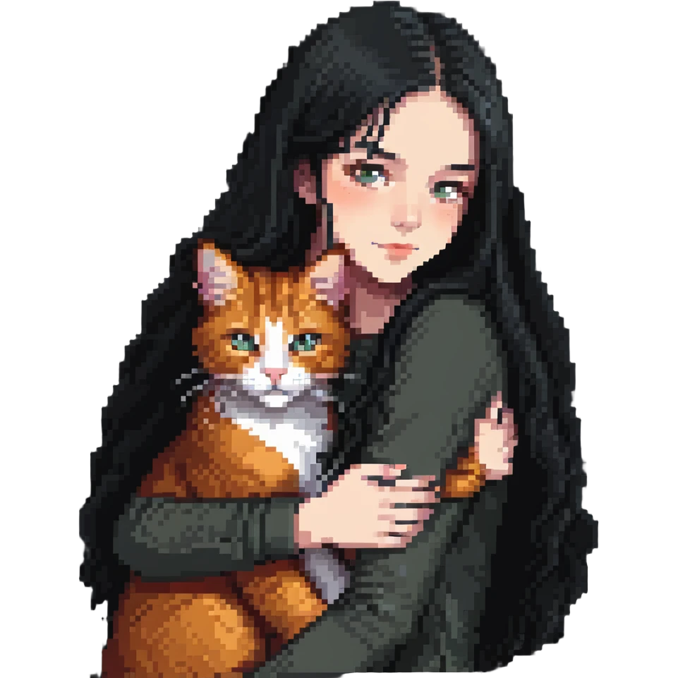 Beautiful girl with long black hair hugs a ginger cat emoji