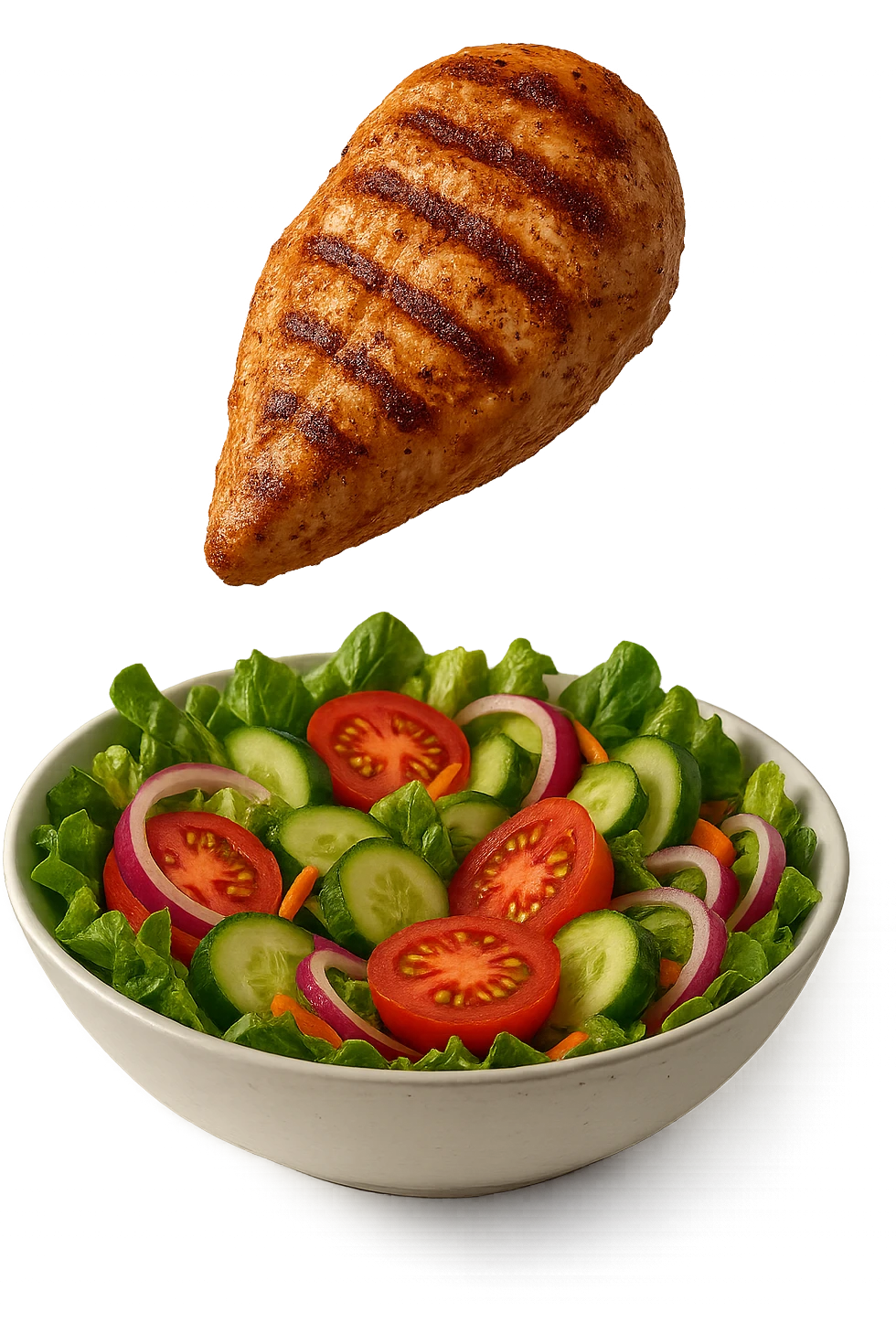 INSALATA CON PETTO DI POLLO GRIGLIATO CHE CADE DALL'ALTO, IPERREALISTICO 4K emoji