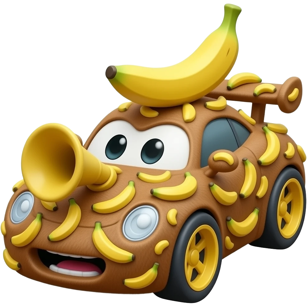 Мавп'яча машинка з тачок, вона спорткар, прикрашена бананами і хутром, ззаду звіст стирчить emoji