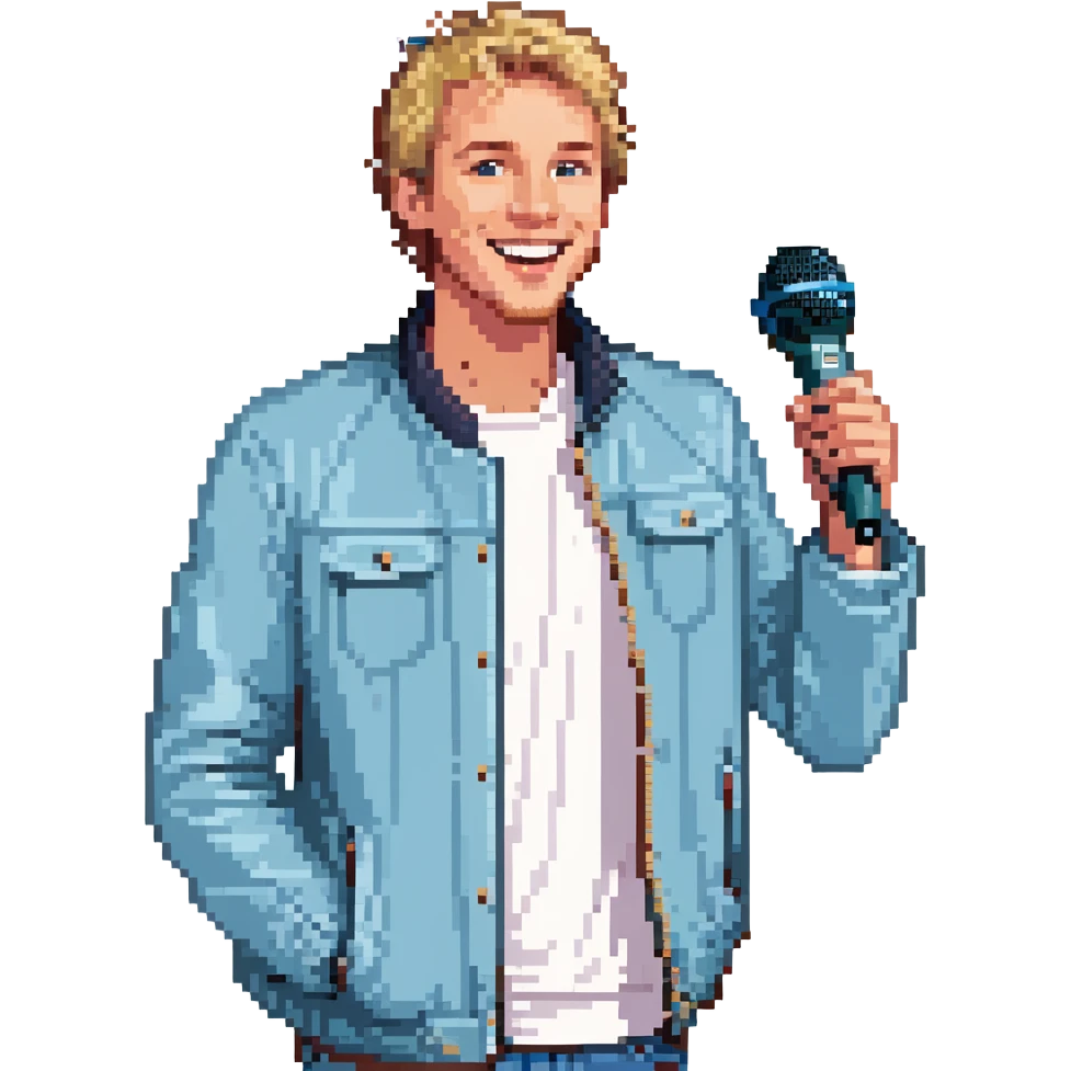 Pixel art style, expressive male performer, Caucasian features, short sandy blonde hair, lively eyes, wide cheerful smile, wearing a sky blue jacket over white tee, tossing a microphone in one hand, waist-up, front-facing emoji