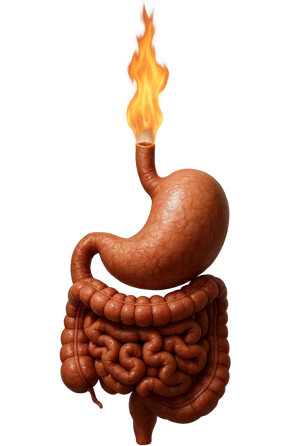 intestino e stomaco sono collegati, con una fiamma che brucia sopra, iperrealistico 4k, non disegnato emoji