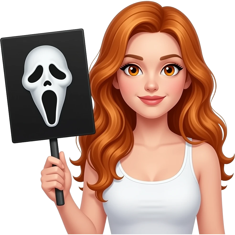sexy girl with long wavy ginger hair and ginger eyes wearing a white tanktop is holding a black colored sign with GHOSTFACE is HOT written on it emoji