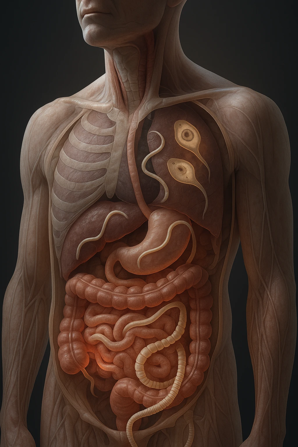 Vertical, hyper-realistic 3D cutaway illustration: the human body is shown in semi-transparent layers, exposing various types of parasites (tapeworms, roundworms, protozoa) inside the digestive tract and other organs. The parasites are rendered in vivid detail, with realistic lighting and shadows. Key areas of infection are highlighted emoji