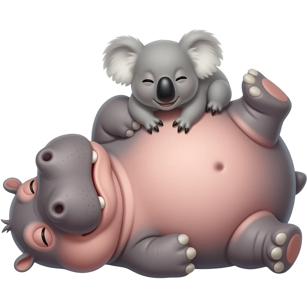 hippo laying down on back  with koala on bottom undernesth it with legs wrapped around hippo body hugging emoji