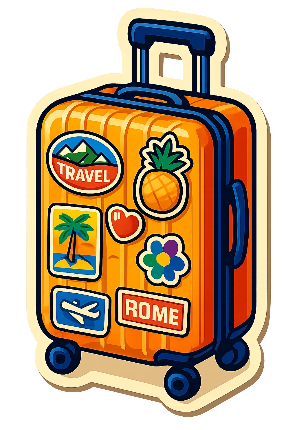 ribbed suitcase with wheels and handle, covered in bright travel stickers, drawn at a three-quarter view, retro sticker style with color, strong contours, shadows and highlights as solid shapes, no soft blending or gradients emoji