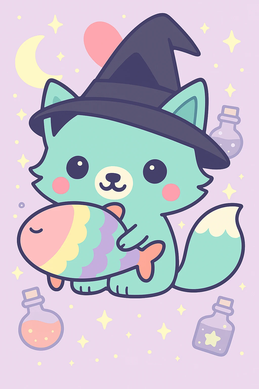 Change the witch hat on the blue fox to purple and add sparkles to the hat, keep the magical, witchy background and big pink heart, in kawaii cartoon style. emoji