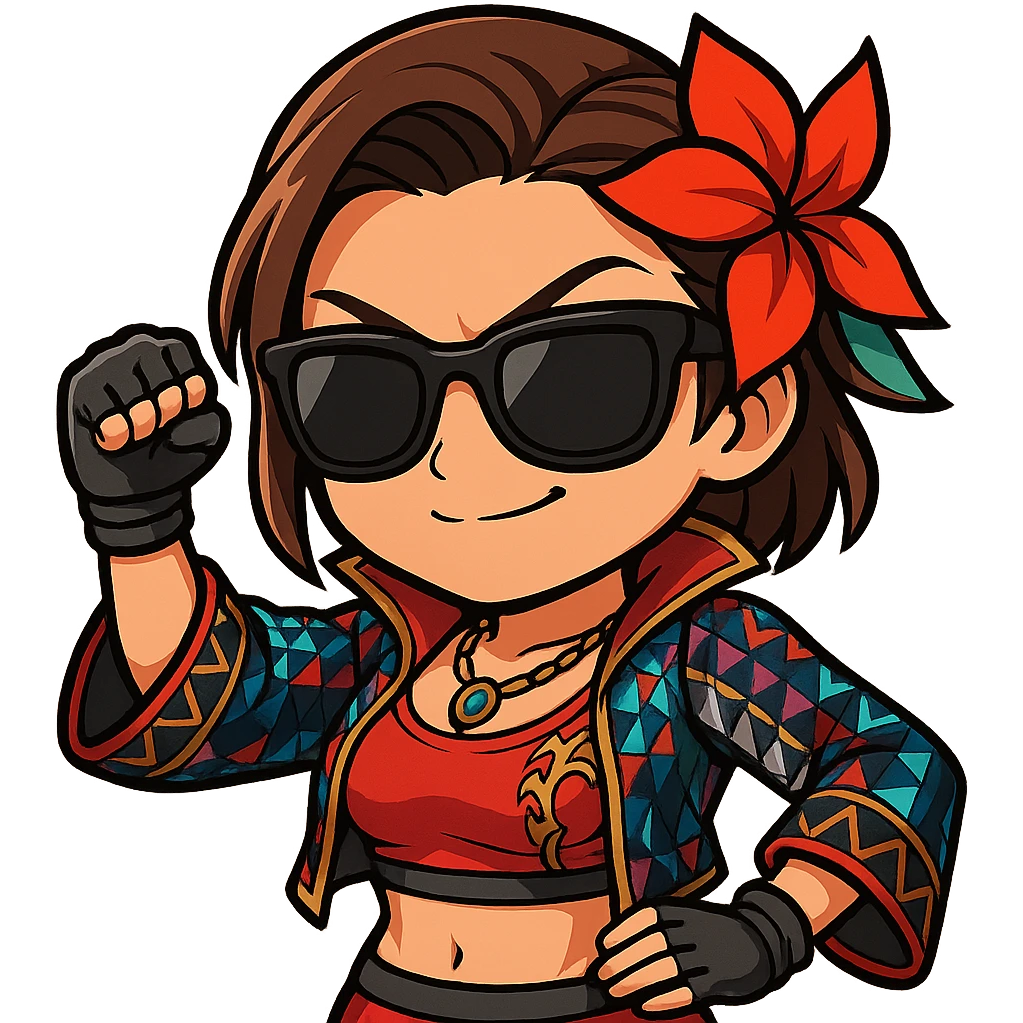 Azucena from Tekken 8 in chibi sticker style, wearing sunglasses and striking a cool pose, wearing the detailed red and patterned outfit from the reference images, designed for Twitch emote use. emoji