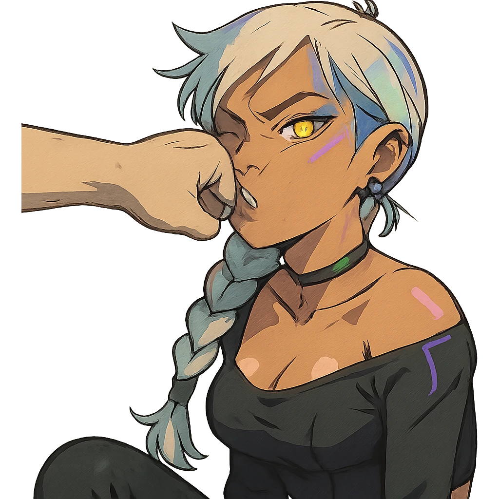  she is getting punched in the face, facepunch, a closeup portrait of young woman with gold yellow eyes, white hair, long braid, black off-shoulder top d-cup, punk gothic style, futuristic cyberwave cyberpunk, sitting position
 emoji