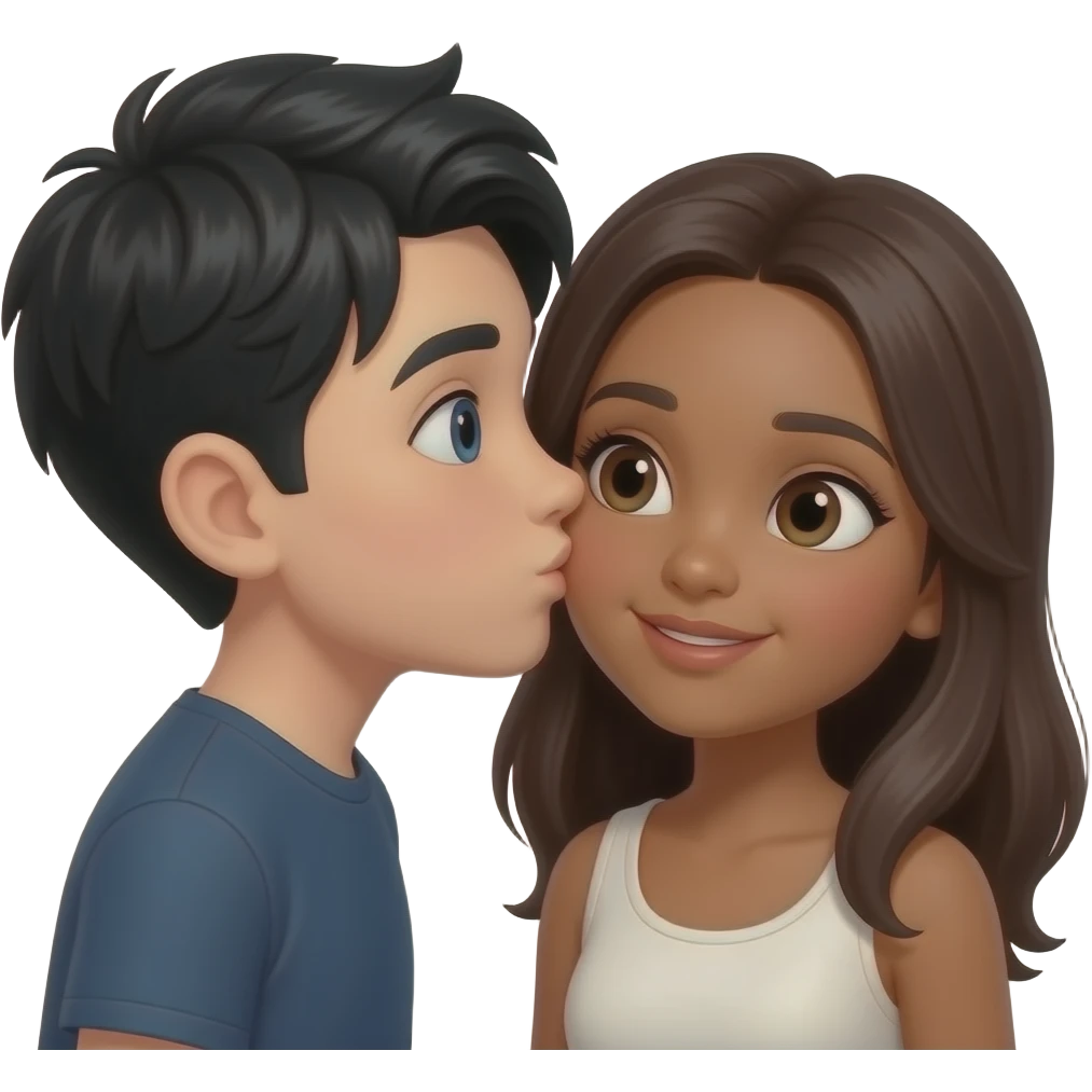 A boy with black hair and light skin kissing a girl with dark brown hair and light brown skin on the cheek emoji