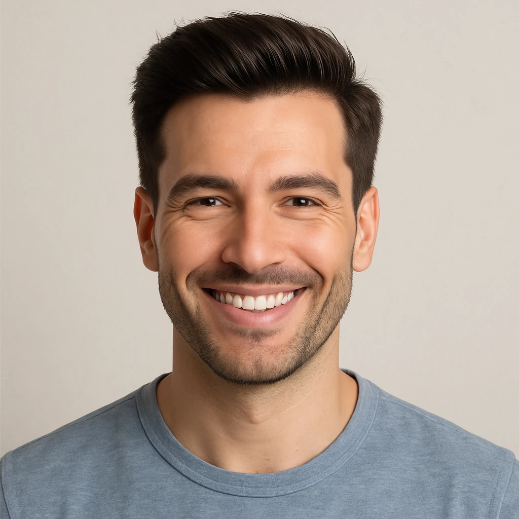 a man with a full head of hair, smiling and radiating confidence after a hair transplant, semi-realistic style emoji