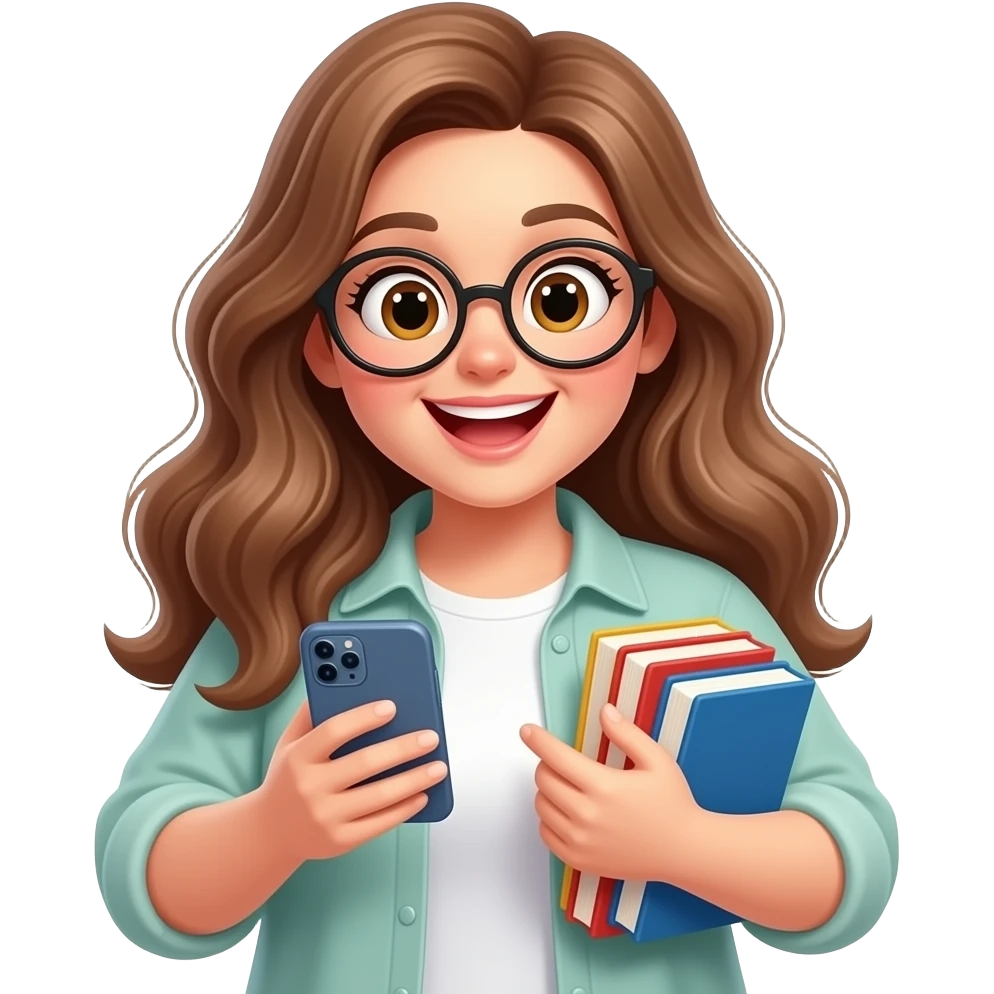 detailed emoji illustration of a curvy woman with long light brown wavy hair, light brown eyes and round glasses holding her phone while adding books to an online cart, excited shopping expression, cute emoji style emoji