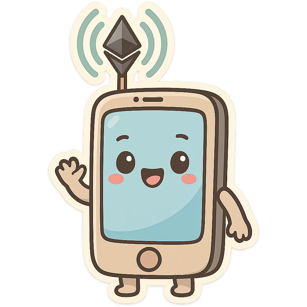 friendly cartoon chibi stickers style phone with ether icon (antenna and waves) emoji