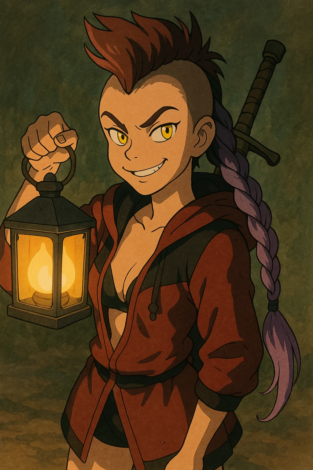 A sword maiden, mohawk, long braid with lavender tips hair, gold yellow eyes, blood red and black revealing hoodie, brandishing a lantern. Mischievous smirk emoji